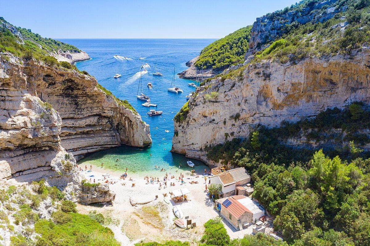 Aerial view of Stiniva Bay on Vis island
